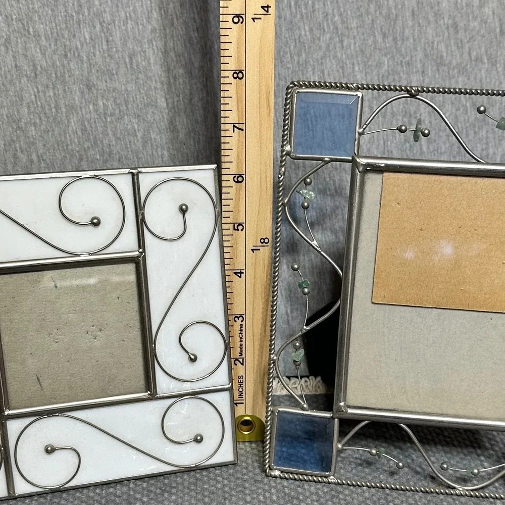 Connoisseur Stained Glass Picture Frames Set 2 White Scroll Blue Stone Bead Art
